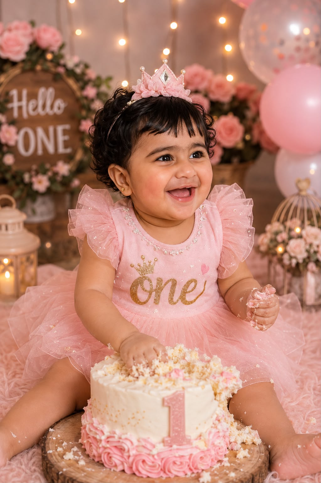 Mahveen Fatima laughing beside her first birthday cake