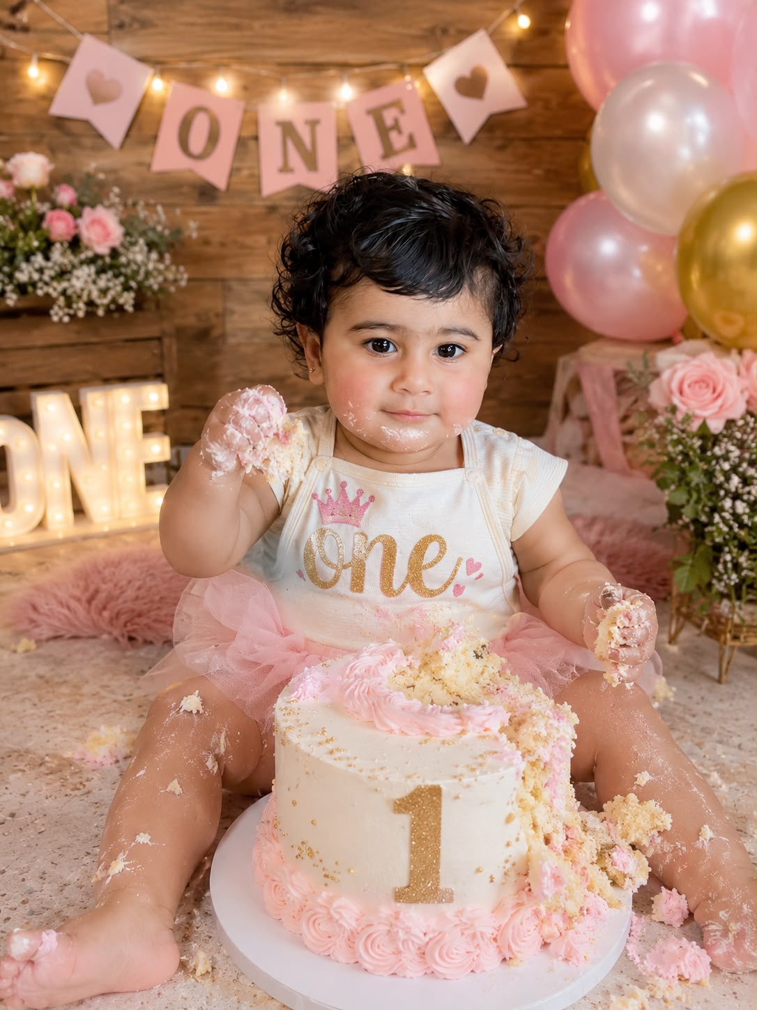 Mahveen celebrating with her first birthday cake